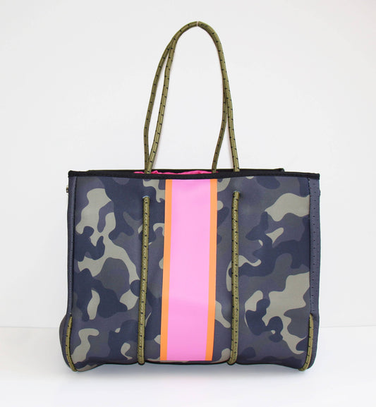 The Ella Tote Camo W/pink/orange Stripe