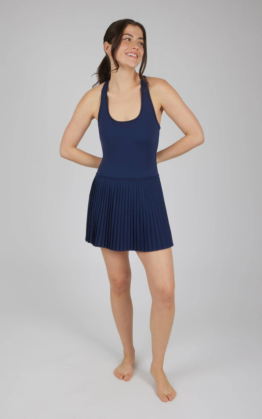 Women's Lux Racer Back Mini Pleated Tennis Dress Navy Blue