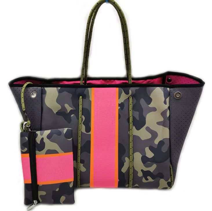 The Ella Tote Camo W/pink/orange Stripe
