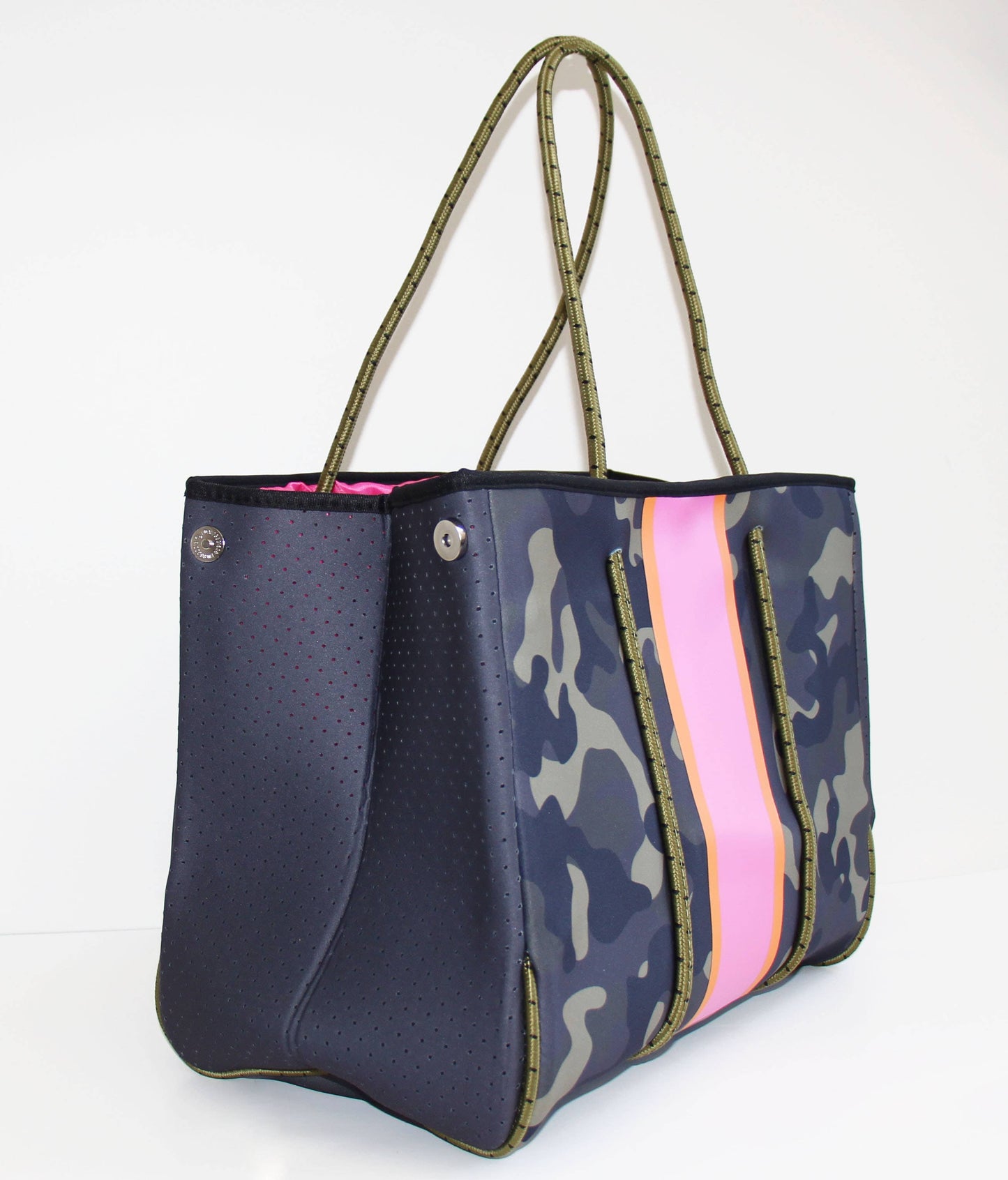 The Ella Tote Camo W/pink/orange Stripe