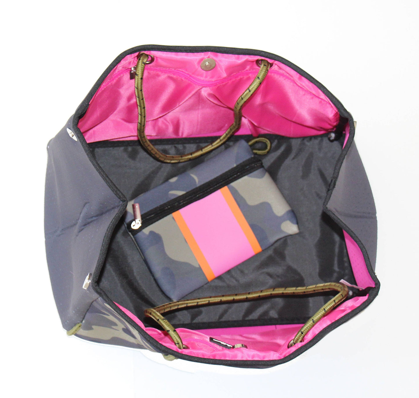The Ella Tote Camo W/pink/orange Stripe