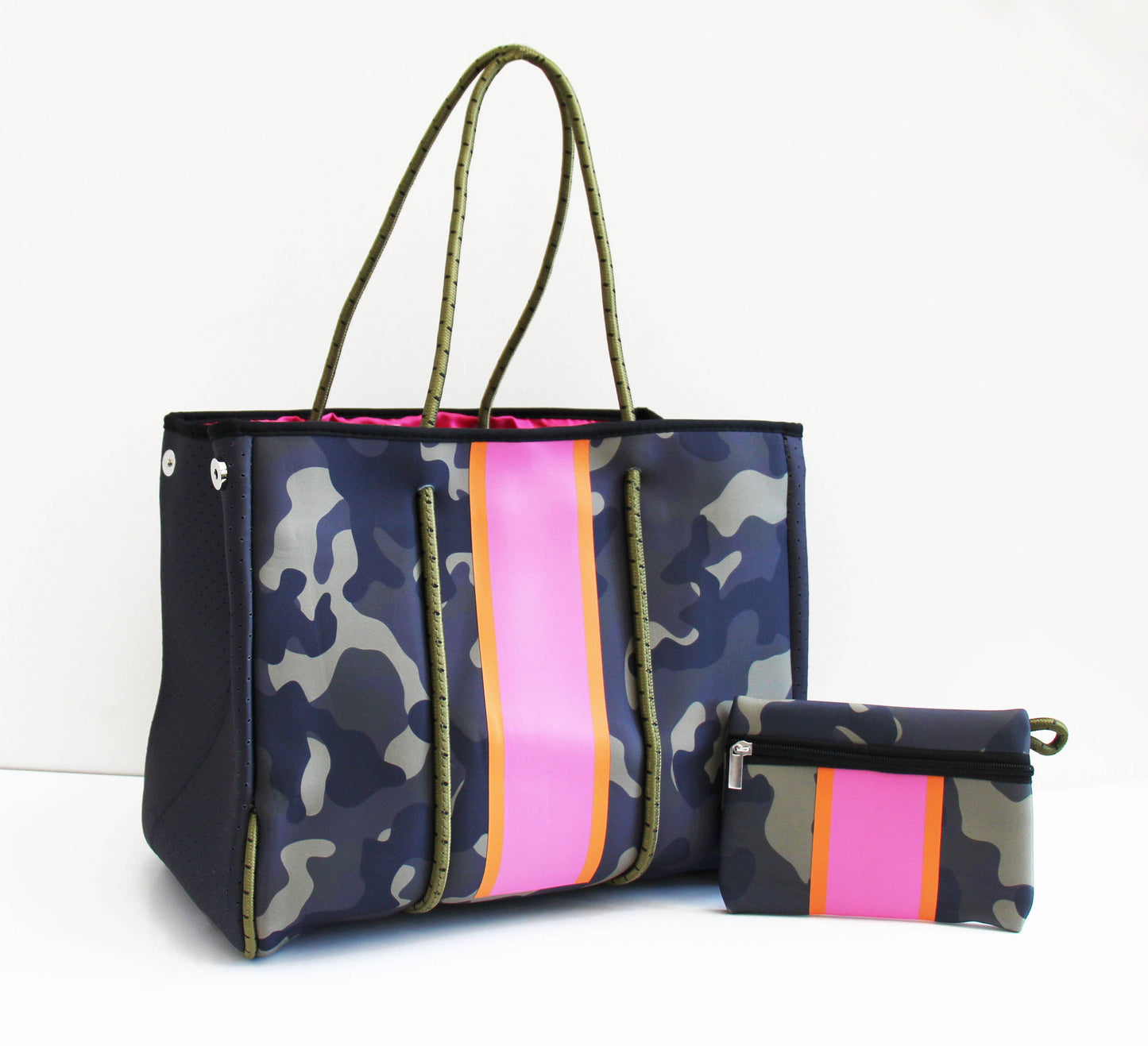 The Ella Tote Camo W/pink/orange Stripe